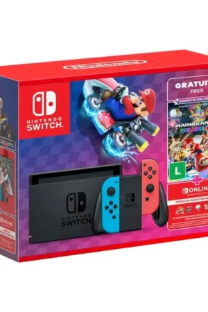 Nintendo Console Azul e Vermelho + Jogo, Switch, Jogo Digital Mario Kart 8 Deluxe, 3 Meses de Assinatura Nintendo Switch Online